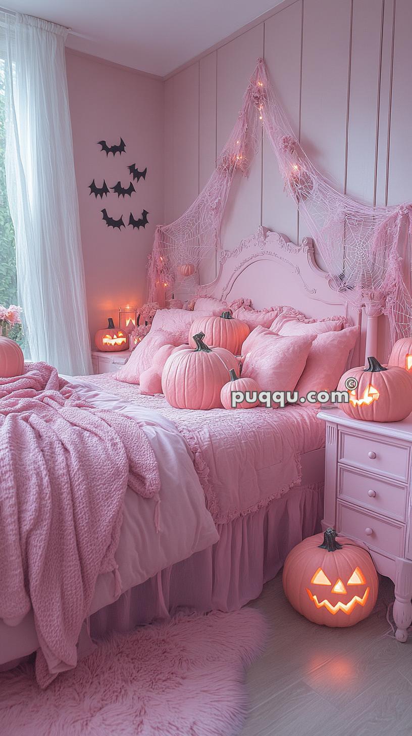 A pink-themed bedroom with Halloween decorations including pink pumpkins with carved faces, hanging pink cobwebs with lights, and bat wall decals. The bed is adorned with pink bedding and fluffy pillows.