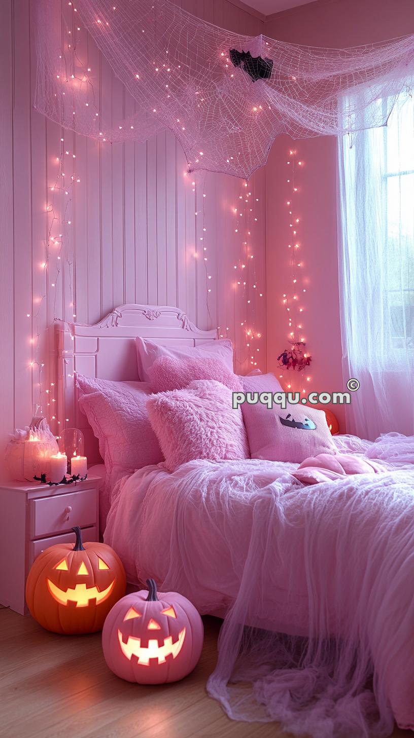 A pink-themed bedroom decorated for Halloween with pink fairy lights, faux cobwebs, and two jack-o'-lanterns, one orange and one pink, on the floor. The room features a bed with fluffy pink pillows and a nightstand with Halloween-themed candles.