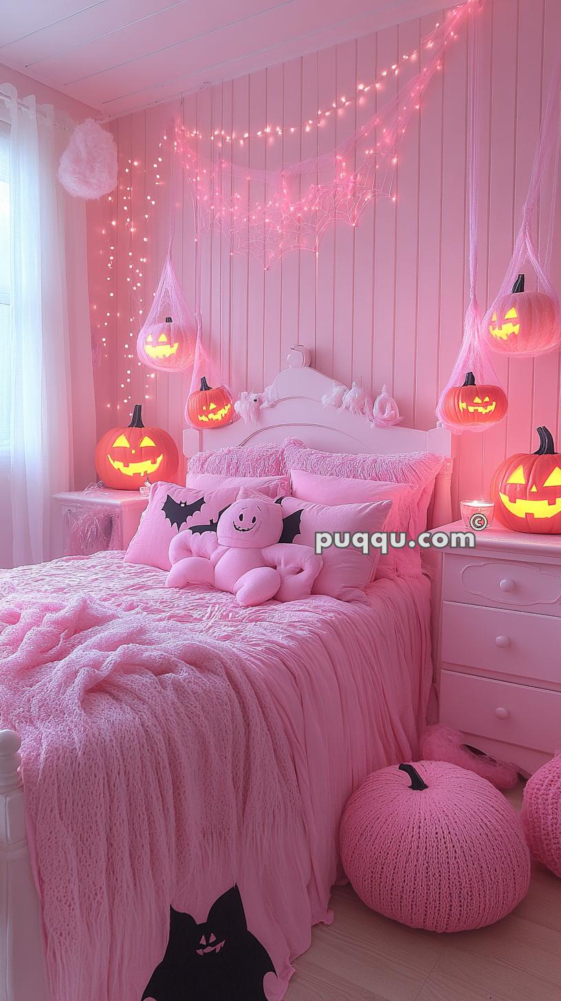 A pink-themed bedroom decorated with Halloween elements including hanging jack-o'-lanterns, pink cobwebs with fairy lights, and a pink bat plush toy on the bed.