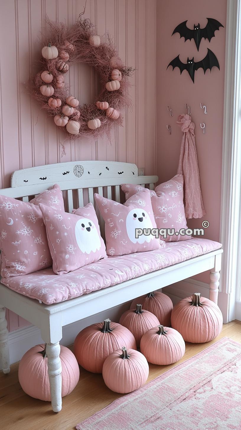 Pink Halloween-themed decor featuring a white bench with pink ghost pillows, a wreath with small pink pumpkins, black bat wall decorations, and larger pink pumpkins on the floor.