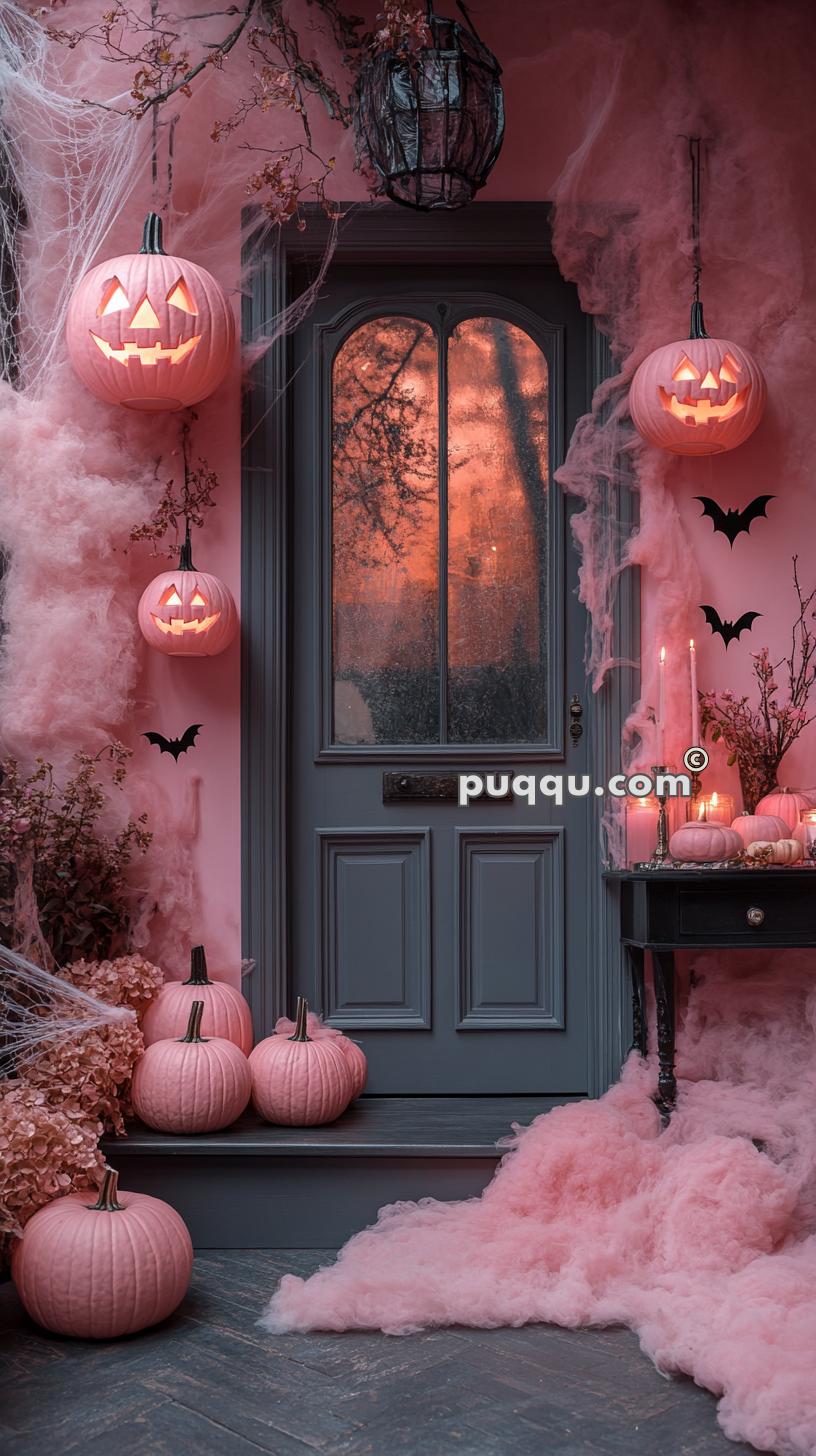 Pink-themed Halloween porch with jack-o'-lanterns, cobwebs, and black bats.