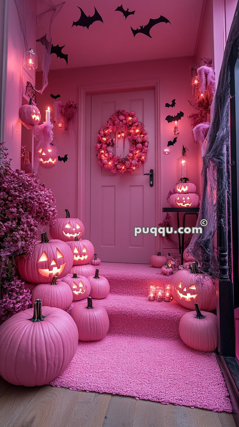 Pink Halloween-themed front door with pink jack-o'-lanterns, a pink wreath, black bat silhouettes, and cobwebs.