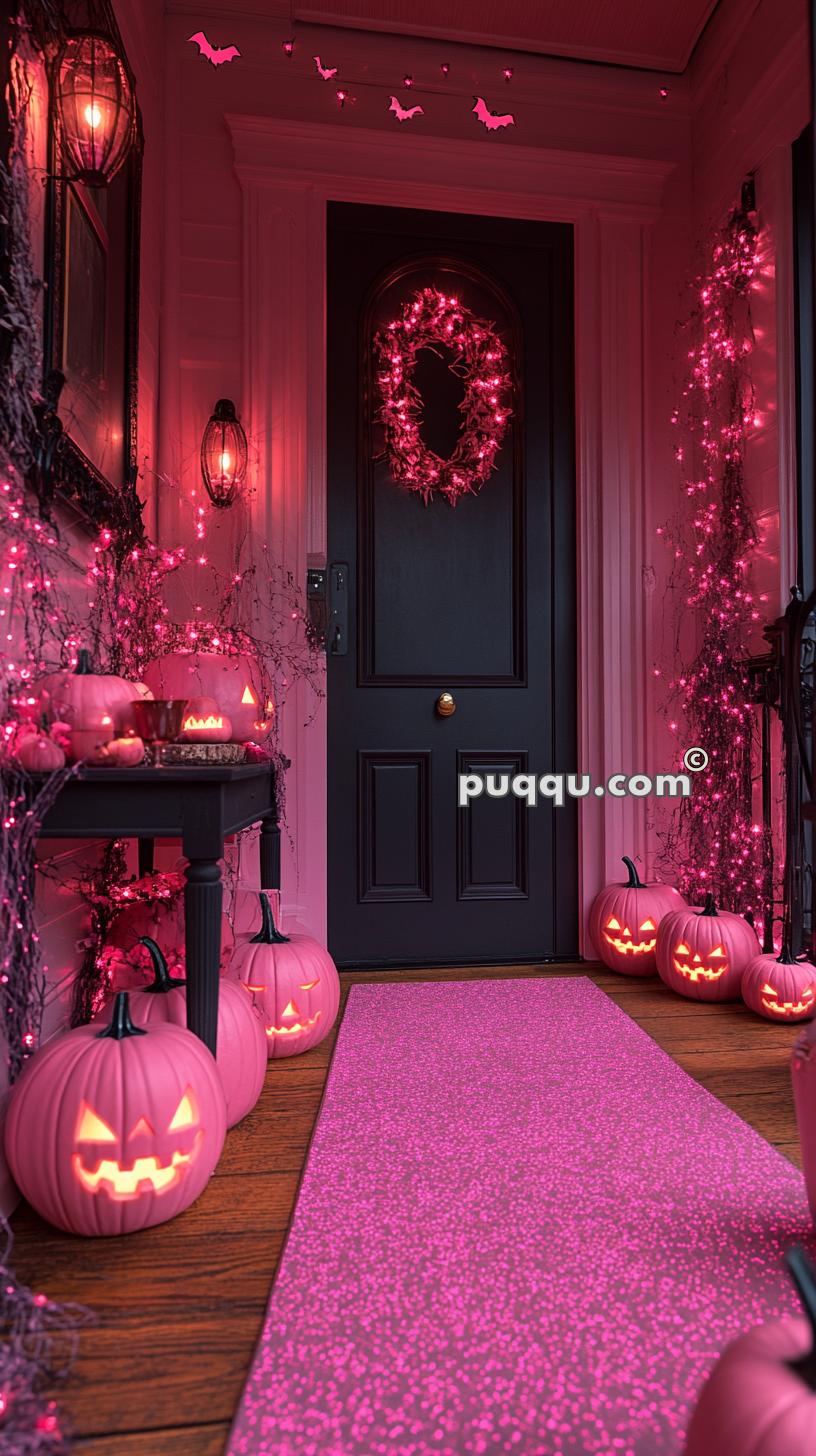 Pink-themed Halloween porch with pink jack-o'-lanterns, pink wreath, bats, and string lights, centered around a black door and a pink glittering hallway rug.