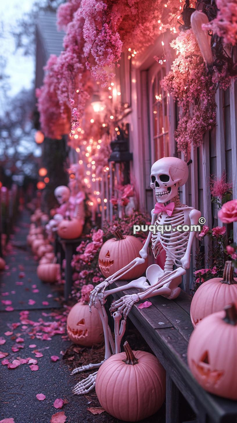 Skeletons and pink pumpkins with Jack-o'-lantern faces decorate the exterior of a building adorned with pink flowers and fairy lights.