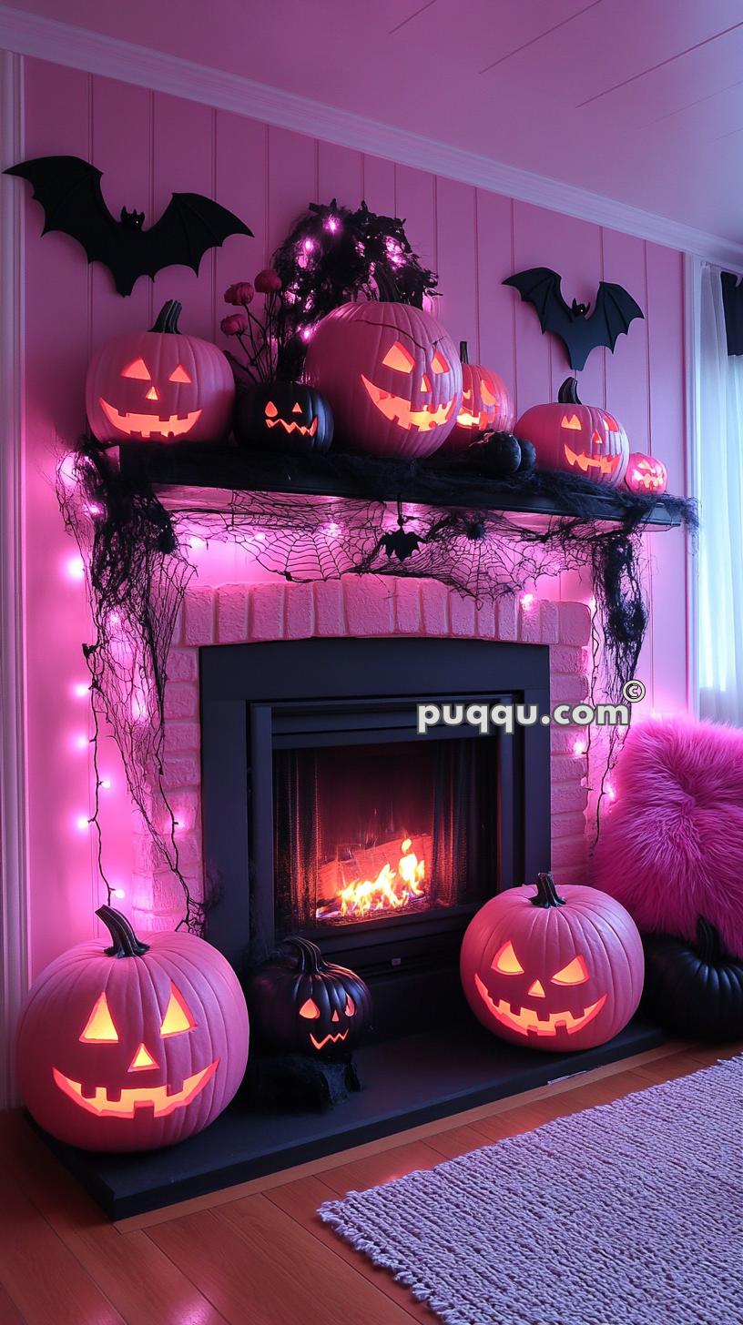 Fireplace decorated with carved pumpkins, pink lighting, black bats, and black spider webs for Halloween.