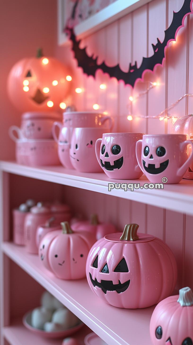 Pink Halloween decorations including smiley and jack-o'-lantern face mugs, pumpkin jars, and string lights on a pink shelf.