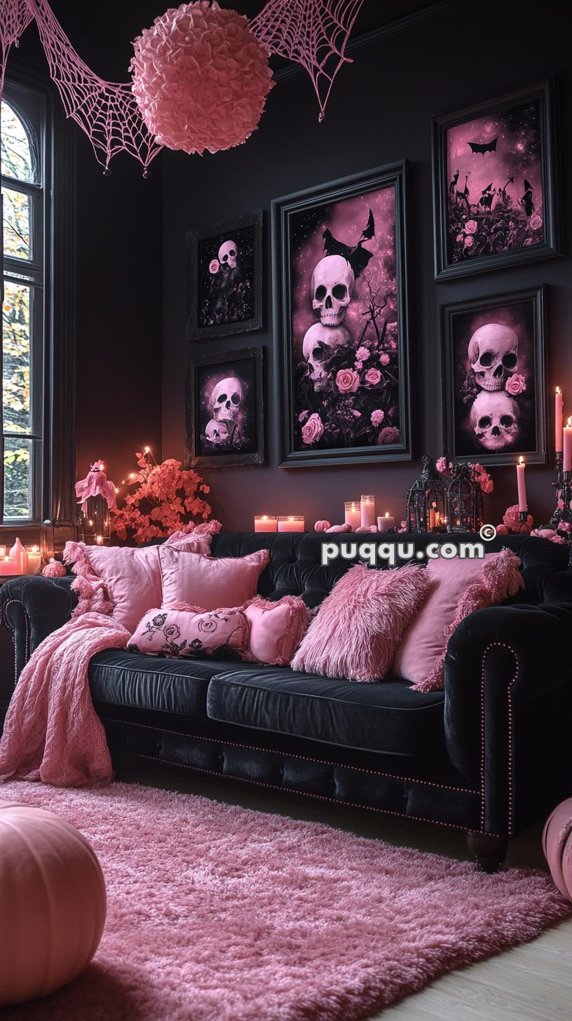 Gothic-themed room with black walls and furniture, decorated with pink accents including pillows, rug, and candles. Multiple pink-hued skull artwork frames adorn the wall, and a pink pumpkin and web decorations complete the spooky aesthetic.