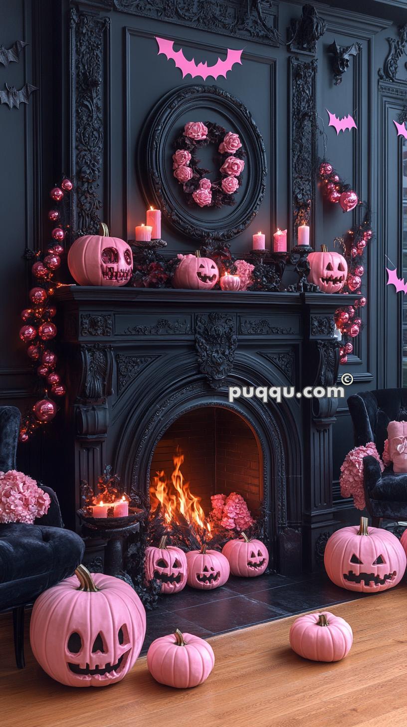 Fireplace decorated with pink jack-o'-lanterns, pink candles, pink flowers, and pink bat cutouts, with a burning fire in the hearth.