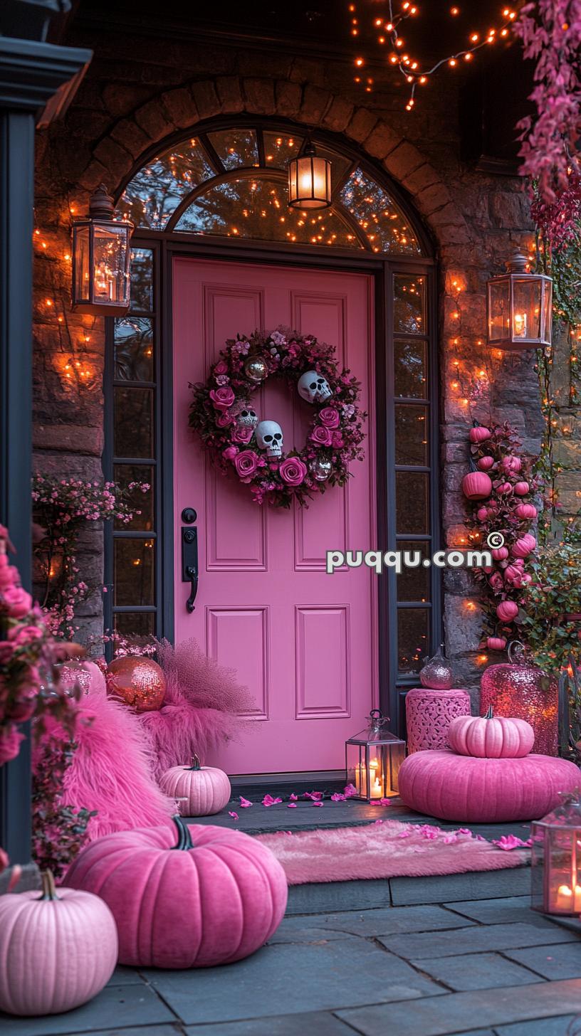 A pink front door decorated with a Halloween wreath featuring skulls and roses, surrounded by pink pumpkins, pink flowers, and illuminated by warm-toned lanterns and string lights.