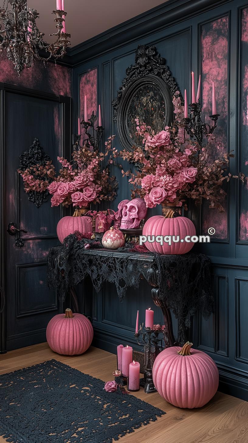 Dark-themed room decor with black-tone panels, featuring pink pumpkins, roses, candles, and a pink skull on a black lace-covered table, contrasted by black chandelier and gothic accents.