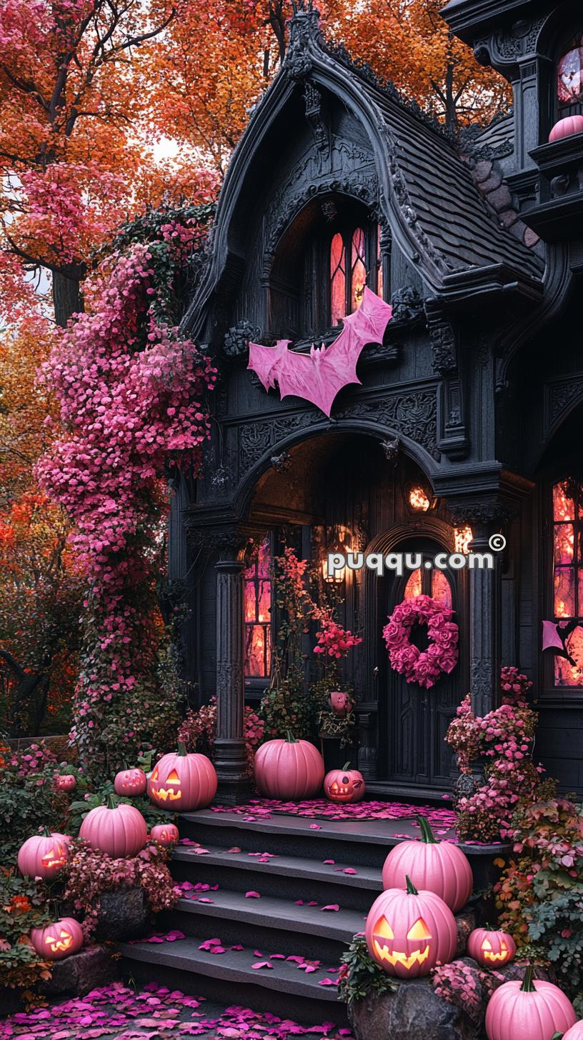 Halloween-themed entrance of a Gothic house with pink pumpkins and jack-o'-lanterns, pink foliage, and a bat decoration above the door.