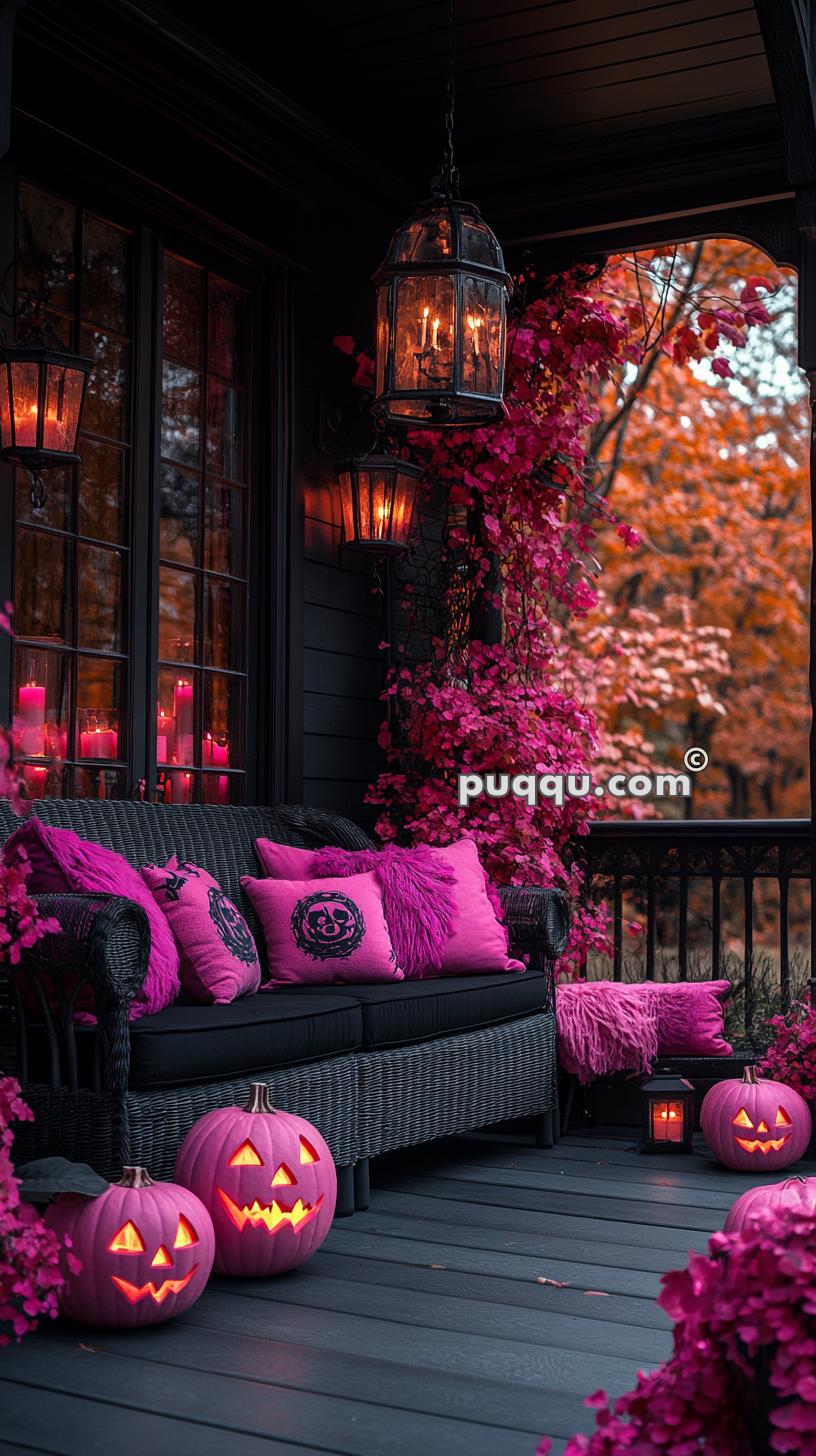 Halloween-themed porch decorated with purple pumpkins, Jack-o'-lanterns, pink cushions, lanterns, and vibrant pink foliage against a backdrop of autumn leaves.