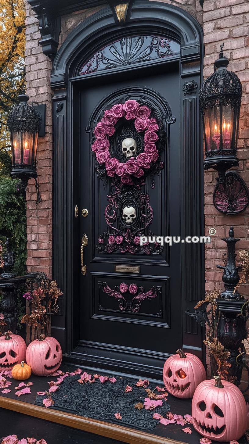 Halloween decorated front door with skull wreath and skull ornament, flanked by lanterns and surrounded by carved pink pumpkins and autumn leaves.