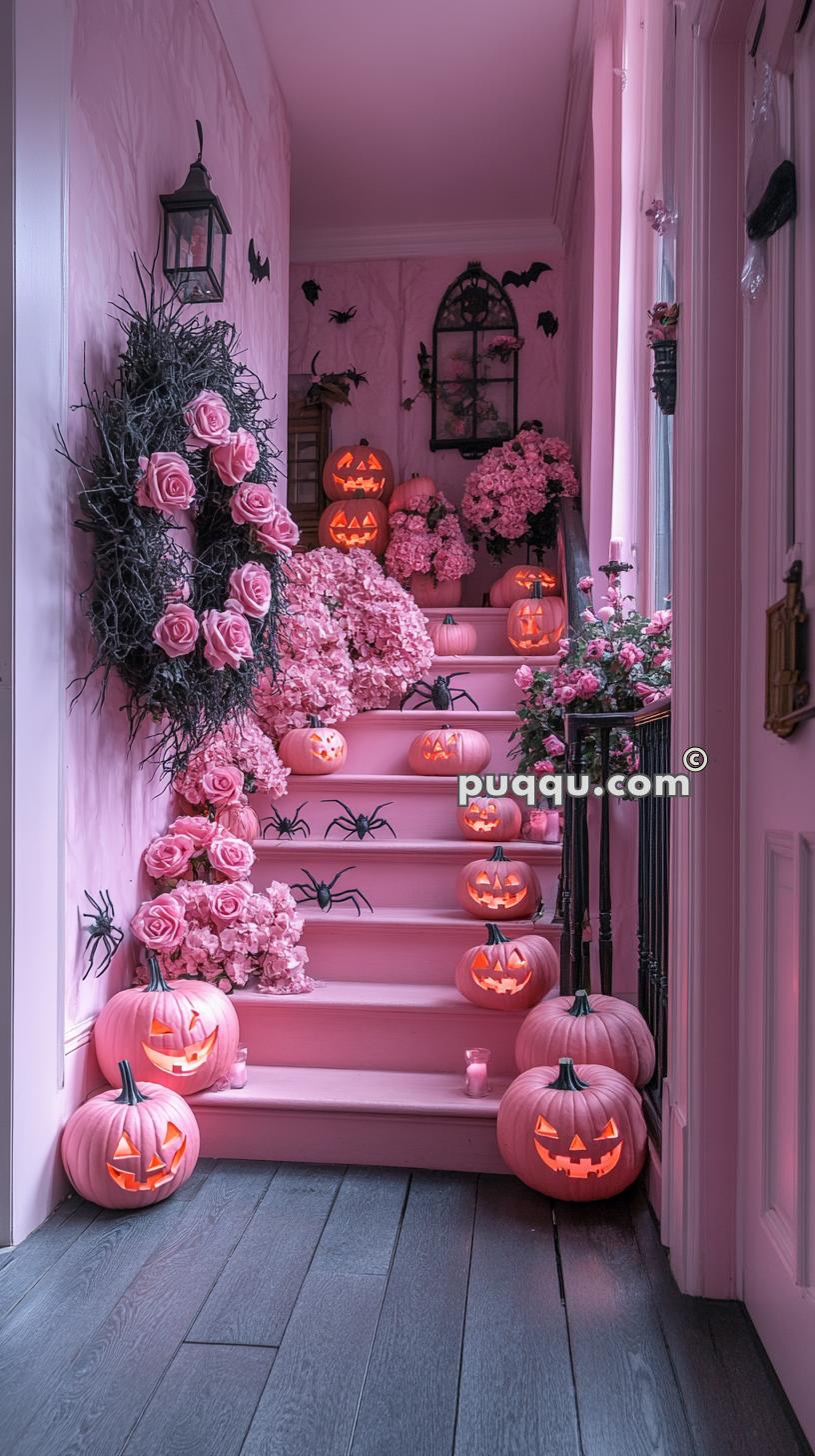 Pink stairway decorated for Halloween with pink jack-o'-lanterns, pink roses, black wreaths, and black spider decorations.