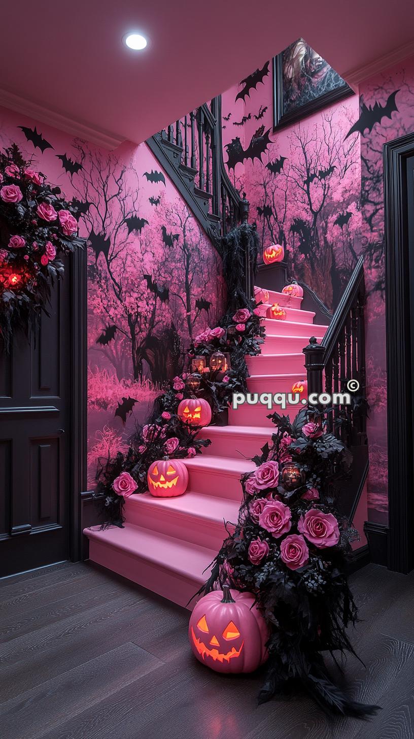 Pink staircase decorated with illuminated Jack-o'-lanterns, black garlands, and pink roses, set against pink walls with black bat silhouettes and a spooky forest scene.