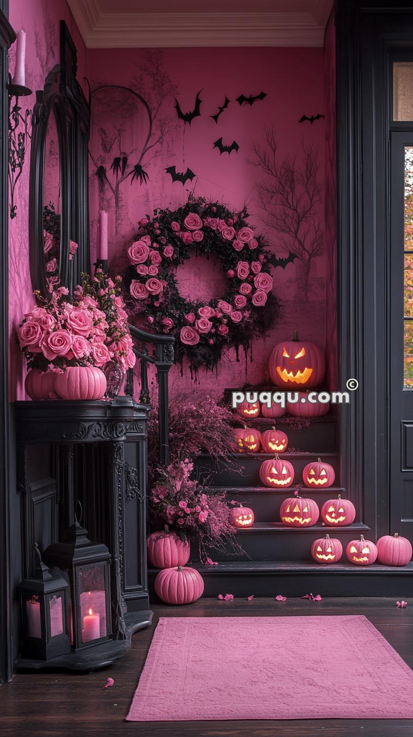 A Halloween-themed entryway decorated with pink pumpkins, pink roses, and a wreath of pink flowers. Pink jack-o'-lanterns with carved faces are placed on the steps. Black bats and tree silhouettes are painted on the pink wall.