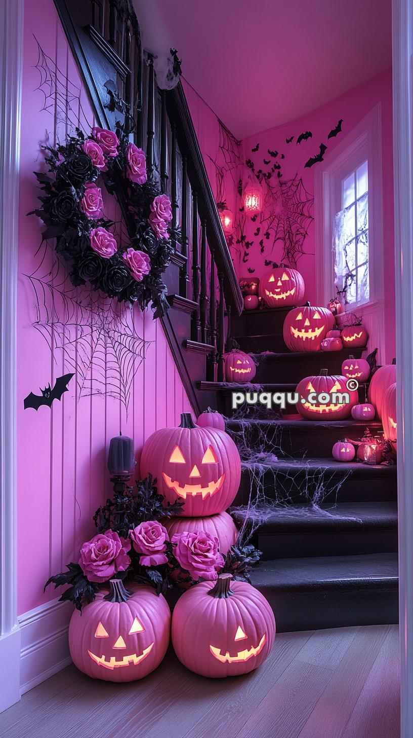 Halloween-themed staircase with pink walls, jack-o'-lanterns, spider webs, black bats, and pink roses.