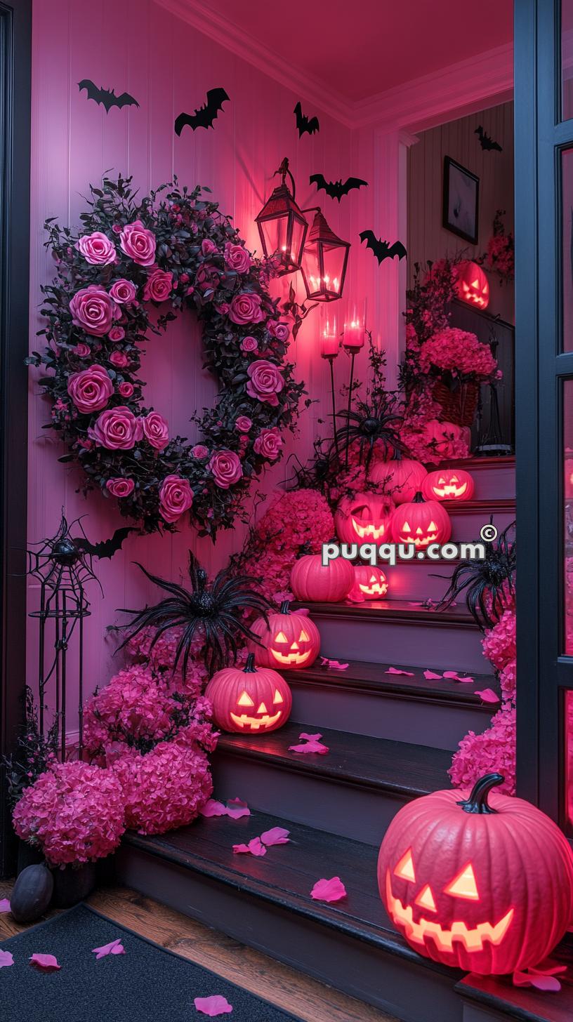 Staircase decorated for Halloween with pink jack-o'-lanterns, black bats, large pink rose wreath, pink flowers, black spiders, and pink candle lanterns.