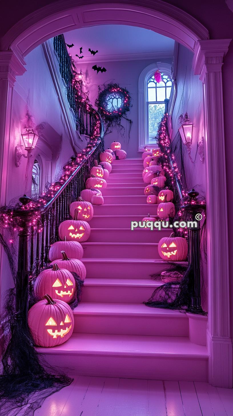 Pink-lit staircase decorated with glowing jack-o'-lanterns, black netting and purple lights, leading up to a window and surrounded by paper bats.