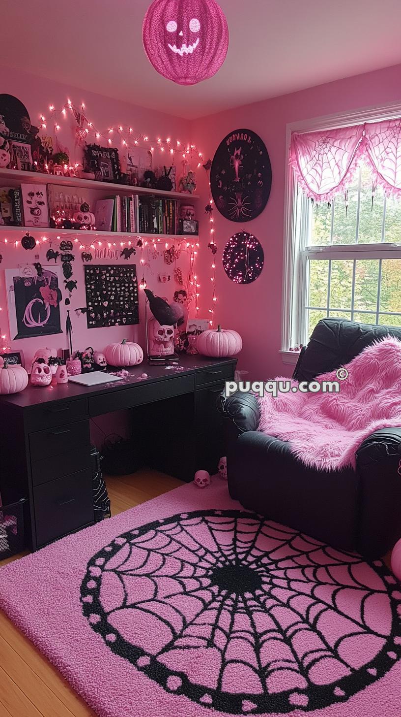 A gothic-themed room decorated in pink and black, featuring a black desk adorned with pink pumpkins and skulls. Shelves with books and decorations, pink string lights, and gothic wall art add to the ambiance. A pink rug with a black spider web pattern and a cozy black chair with a pink fluffy blanket complete the look. A pink jack-o'-lantern light hangs from the ceiling.