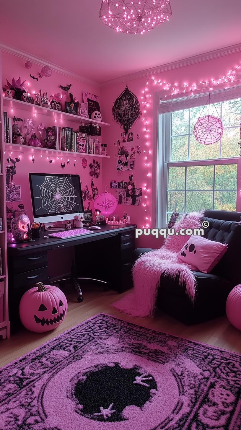 A pink-themed room with a black desk, computer, and pink spider web screensaver. Shelves with books and decorations, pink string lights, a cozy chair with pink accessories, and a large window.