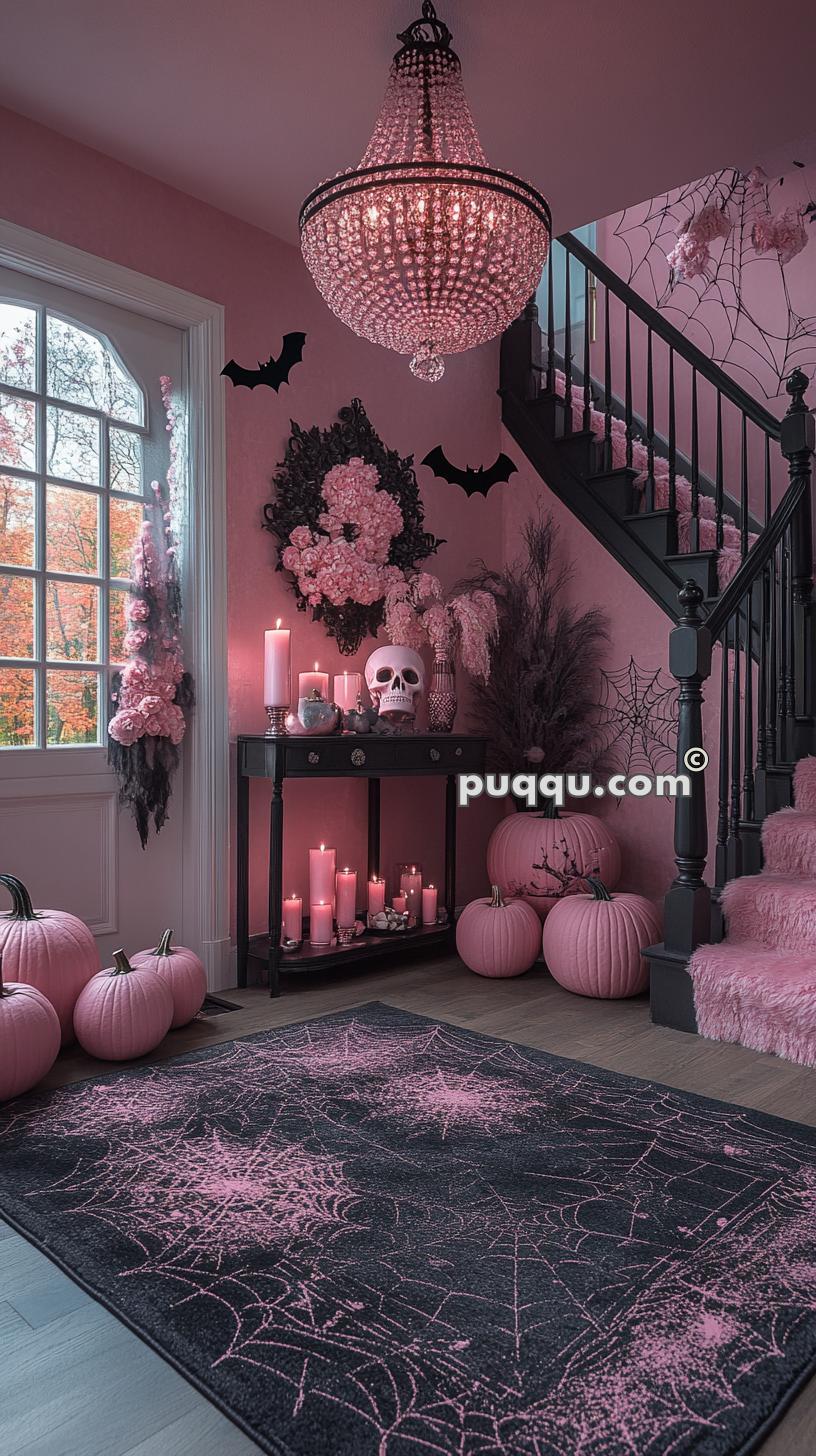 Pink Halloween-themed room with black staircase, black and pink rug featuring spider web designs, pink pumpkins, candles, skull ornament, floral arrangements, hanging bats, and pink chandelier.