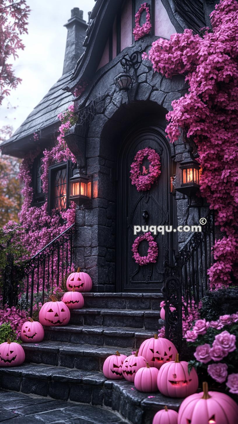 Gothic-style house with black stone walls adorned with pink flower wreaths and pink jack-o'-lanterns on the steps.