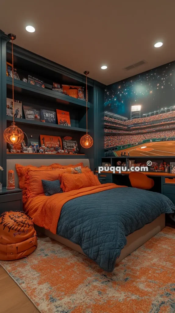 A bedroom with a baseball theme, featuring a double bed with orange and navy blue bedding. The walls are decorated with a large mural of a baseball stadium. Shelves above the bed display books, memorabilia, and two hanging pendant lights. The room also has a baseball glove-shaped chair, a desk with an orange chair, and a colorful carpet.