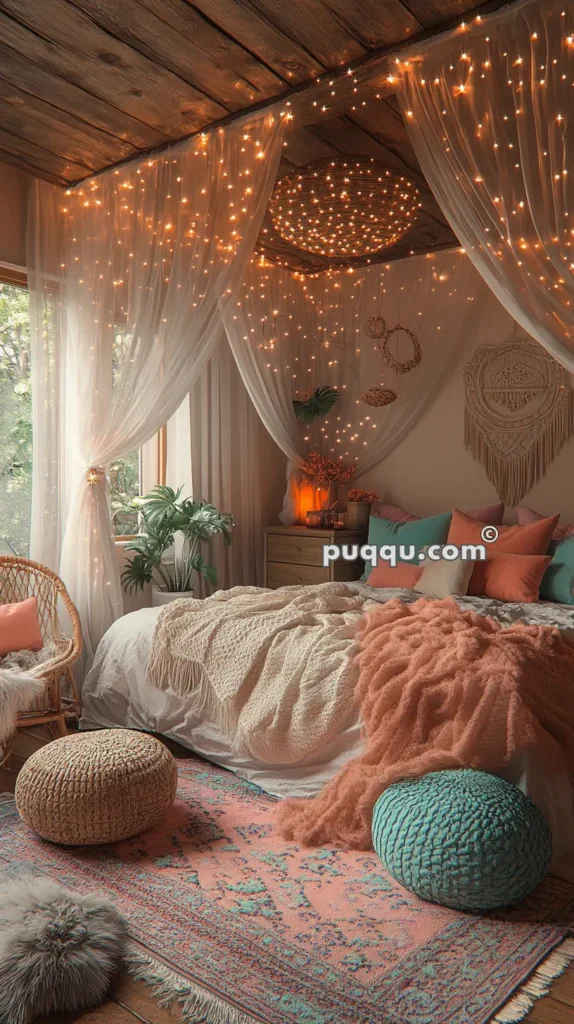 Cozy bedroom with wooden ceiling, sheer white curtains, orange string lights, wicker chair, colorful pillows and blankets, plants by the window, and eclectic decor.