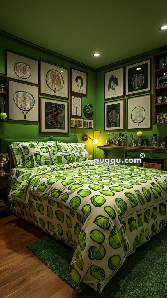 A brightly lit bedroom with green walls and a tennis-themed decor. The bedspread and pillows feature a green tennis ball pattern. The walls are adorned with framed pictures of tennis rackets and various figures, adding to the sporty aesthetic. The room also includes trophies and tennis memorabilia displayed on shelves.