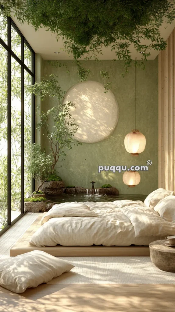 Minimalist bedroom with floor-to-ceiling windows, greenery, neutral-toned bedding, two hanging lanterns, and indoor plants against a round wall fixture.