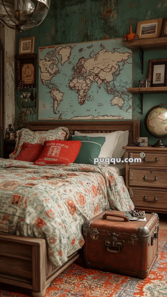 Vintage-style bedroom with a world map above the bed, patterned bedspread, red and green pillows, wooden nightstand with a globe, and a brown suitcase at the foot of the bed.