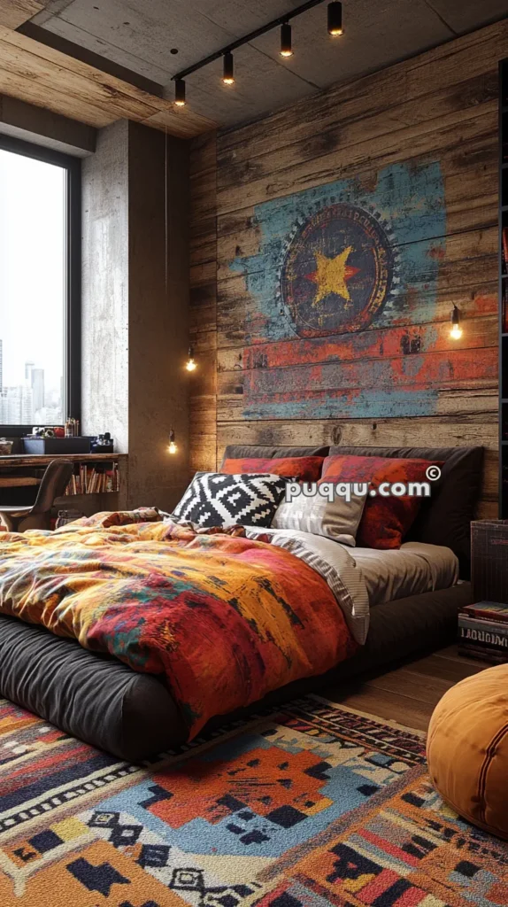 Stylish bedroom with a low platform bed featuring vibrant, multi-colored bedding, a rustic wood accent wall with a faded star design, industrial lighting fixtures, and a colorful patterned rug.