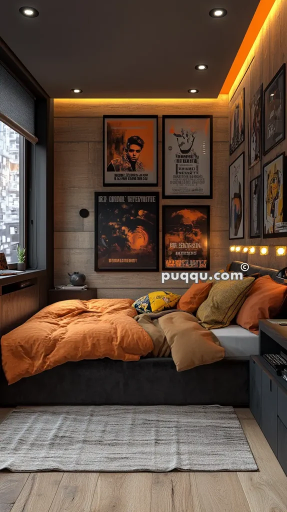 Cozy bedroom with wooden walls, a small bed with orange and beige bedding, a window with a view of buildings, and various framed posters on the walls.