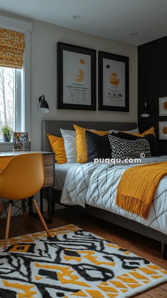 Cozy bedroom with gray and yellow accents featuring a bed with patterned pillows and a yellow throw blanket, a wooden desk with a yellow chair, and wall art above the bed.