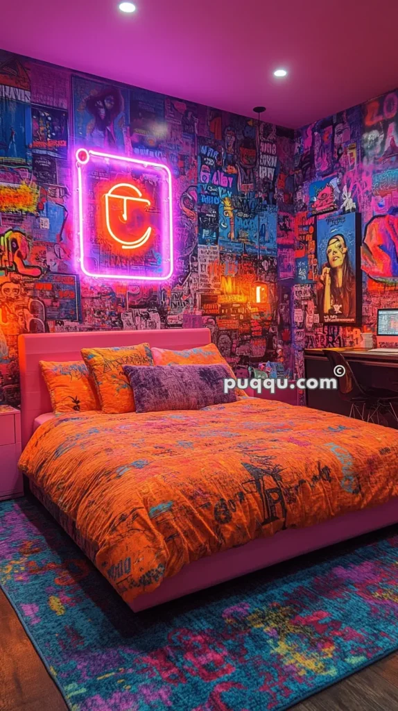 Bedroom with vibrant graffiti-covered walls, neon signs, a pink bed with colorful orange and blue bedding, and a multicolored rug.