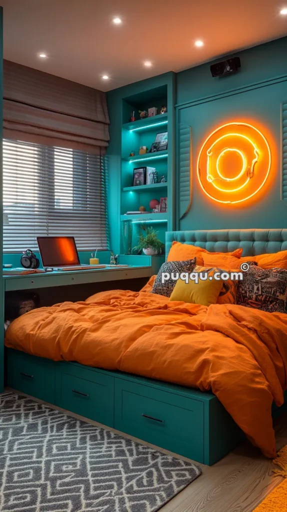 Modern bedroom with turquoise walls, built-in shelves with blue LED lighting, an orange neon light on the wall, a turquoise bed frame with storage drawers, orange bedding, and a desk with a laptop by the window.