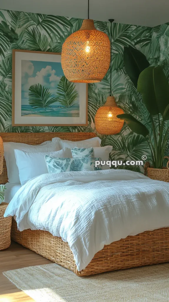 Cozy bedroom with tropical decor, featuring a wicker bed frame, white bedding, leafy patterned pillows, rattan pendant lights, and palm leaf wallpaper.