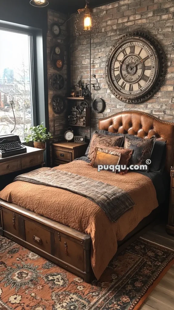 Steampunk-themed bedroom with exposed brick walls, large vintage clock, typewriter on a wooden desk, earth-tone bedding, and industrial decor accents.