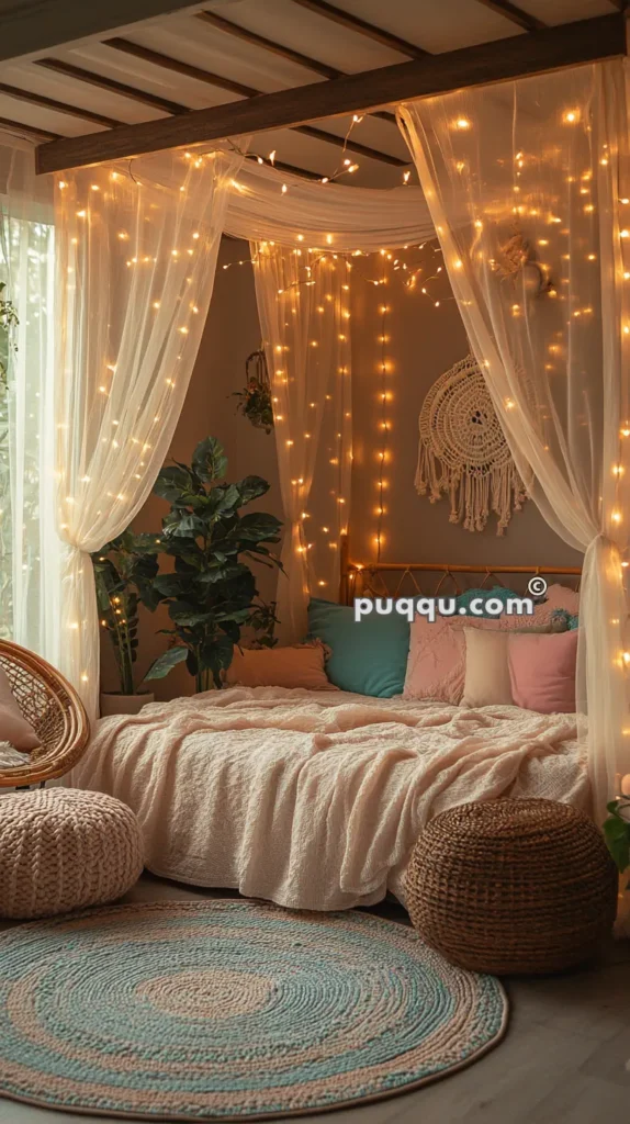 Cozy bedroom with a canopy bed draped in sheer curtains, illuminated by string lights, bohemian decor, plants, and woven furniture.