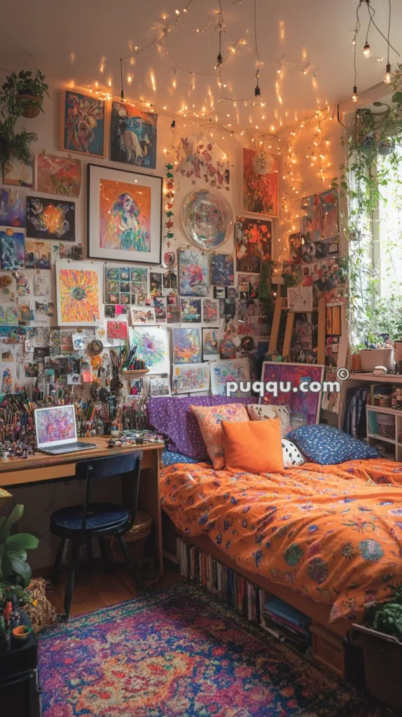 Cozy, art-filled bedroom with string lights on the ceiling, vibrant bedding, a desk with art supplies and a laptop, and walls covered in paintings and sketches.