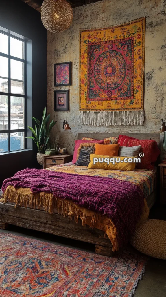 Cozy bedroom with a colorful, textured bedspread, a large window, vibrant wall art with a tapestry, potted plants, and rustic decor elements.