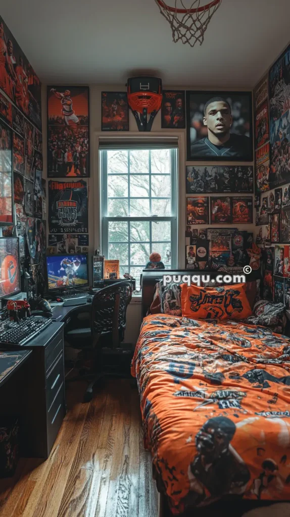 Bedroom filled with basketball posters, a small basketball hoop near the window, a computer setup on a desk, and basketball-themed bedding on a single bed.