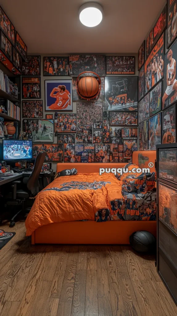 A bedroom decorated with basketball-themed posters and memorabilia, featuring an orange bedspread, a basketball-shaped ceiling light, and a computer setup with a large monitor displaying a basketball game. The walls are covered with various basketball images and posters.