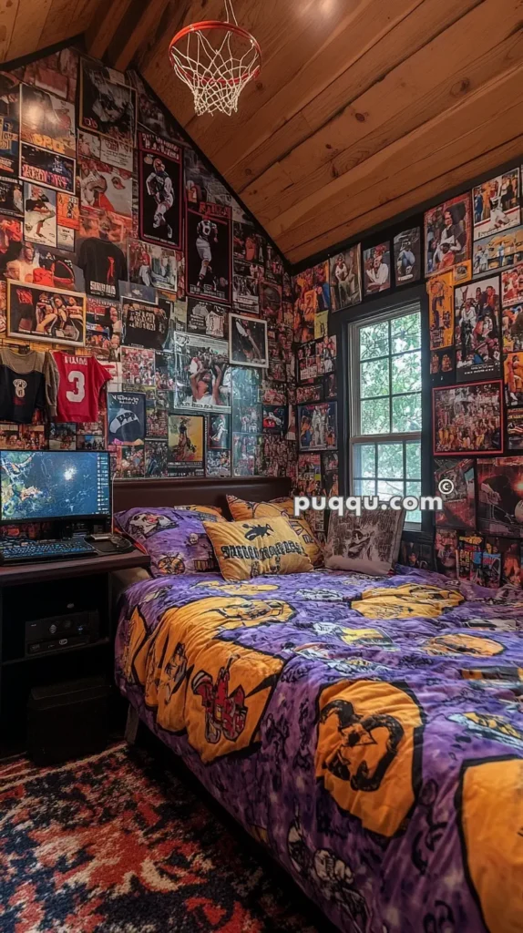 Bedroom with sports-themed decor, including a mini basketball hoop on a wooden ceiling, sports posters covering the walls, a computer setup on a desk, and a bed with colorful, sports-themed bedding.