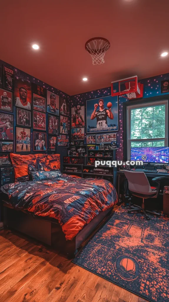 Basketball-themed bedroom with posters of players, a bed with basketball-themed bedding, a gaming setup on a desk, and a basketball hoop mounted on the ceiling.