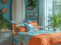 Cozy beach-themed bedroom with teal walls, a surfboard decor, tropical bedding in orange and green, woven basket decorations, a wicker pendant light, and lush indoor plants.