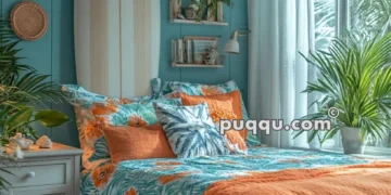 Cozy beach-themed bedroom with teal walls, a surfboard decor, tropical bedding in orange and green, woven basket decorations, a wicker pendant light, and lush indoor plants.