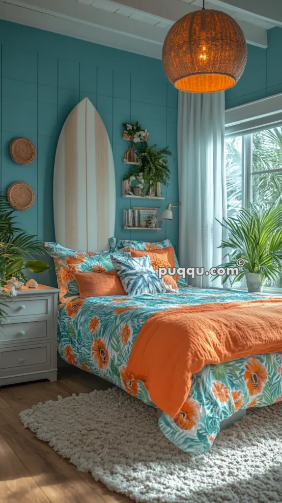 Cozy beach-themed bedroom with teal walls, a surfboard decor, tropical bedding in orange and green, woven basket decorations, a wicker pendant light, and lush indoor plants.