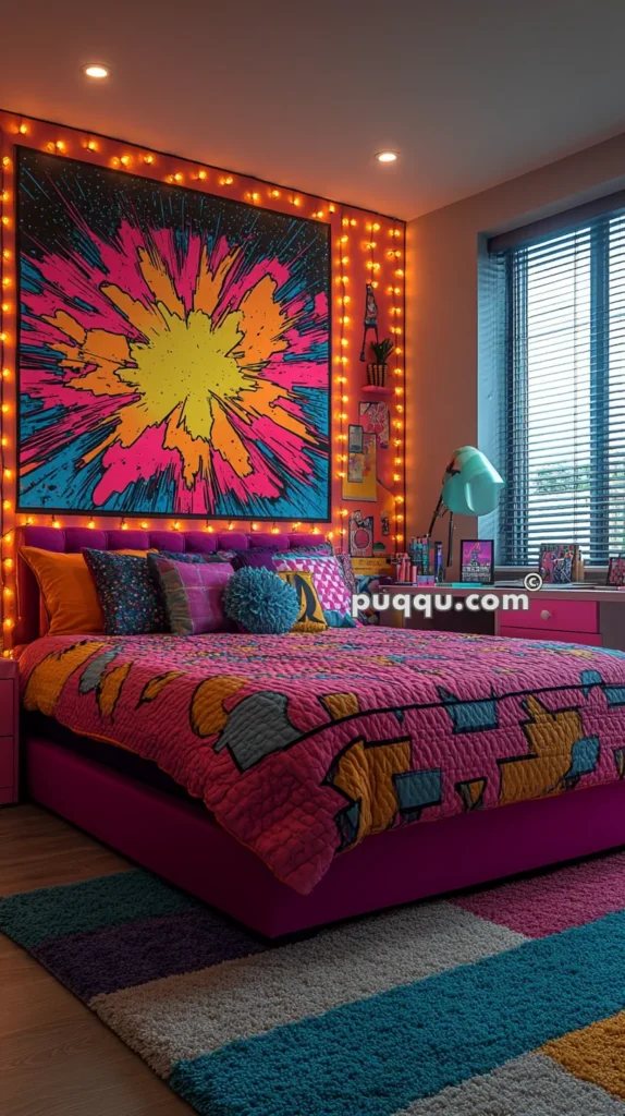 Vibrantly decorated bedroom featuring a large, colorful pop art explosion painting surrounded by string lights above a bed with geometric patterned bedding, plush pillows, and a cozy atmosphere.